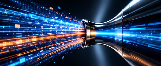 Streams of blue and amber light accelerating through a narrow funnel, representing work moving through a business at speed