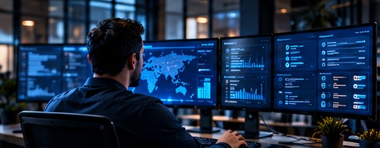 An operator at a multi-monitor desk reviewing live workflow dashboards and exceptions