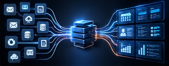 Business apps and data sources connected through one central system into coordinated dashboards